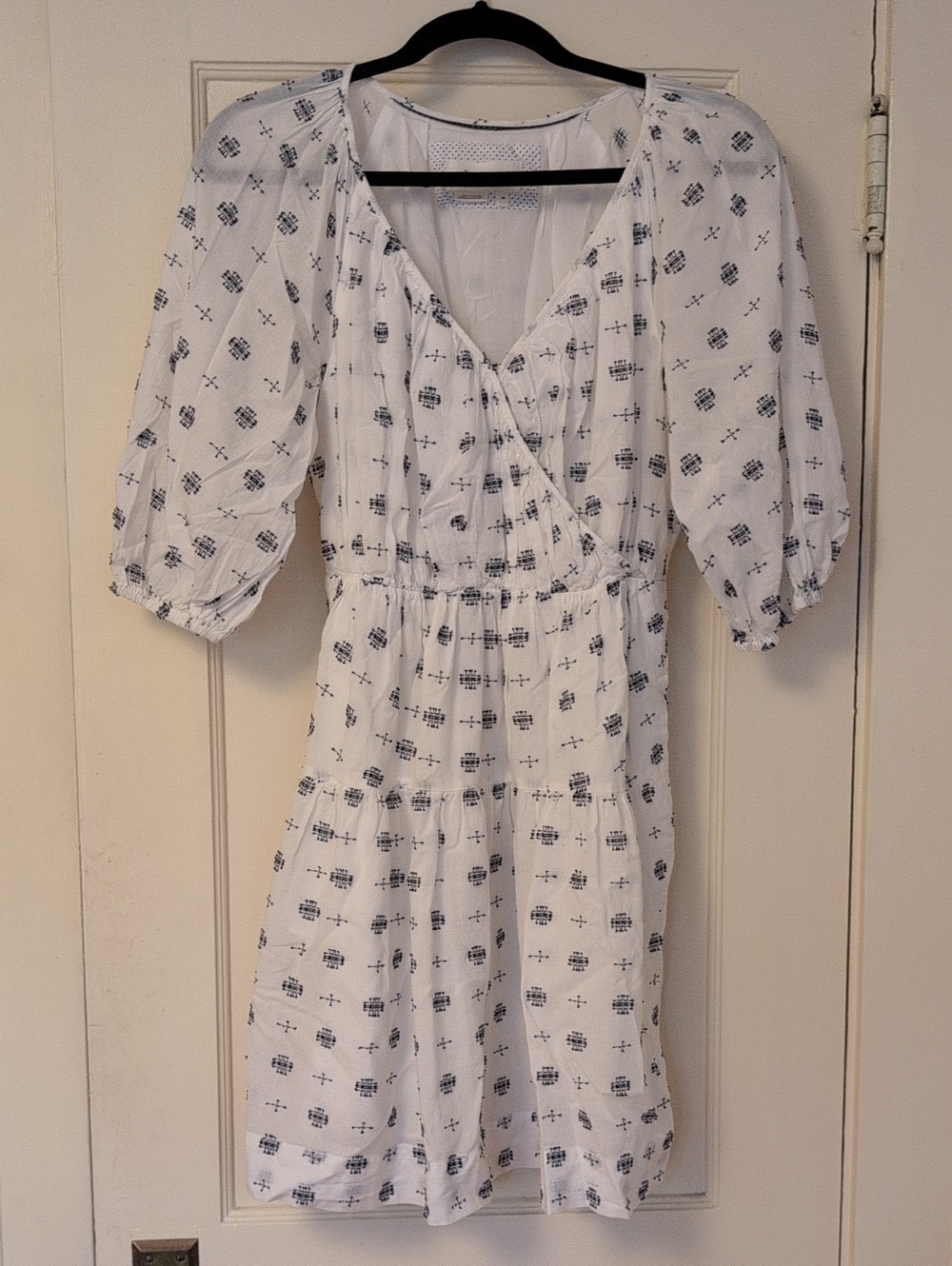 Anthropologie White Midi Dress with Navy Print and Puff Sleeves